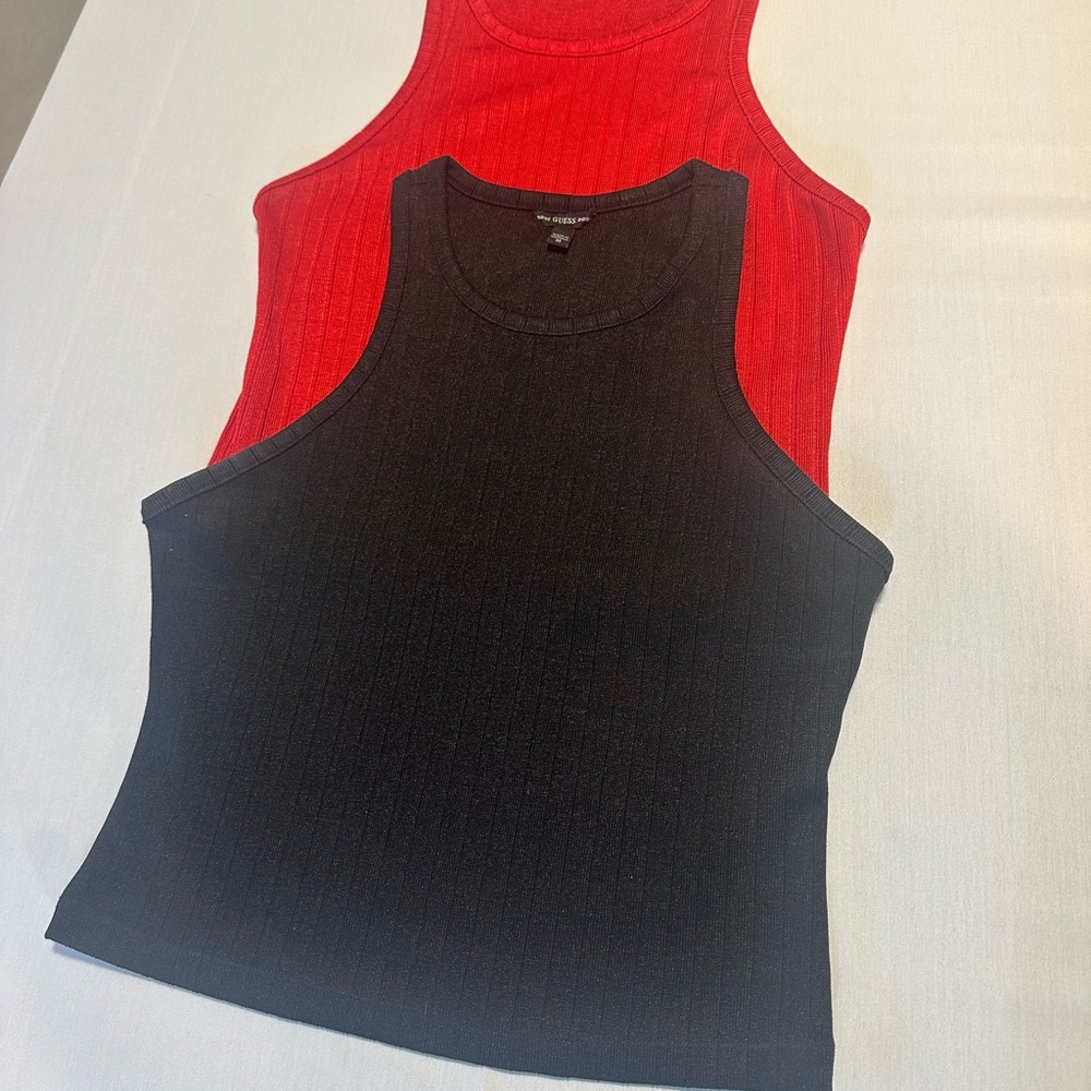 Guess Fitted Ribbed Crop Top Black and Red